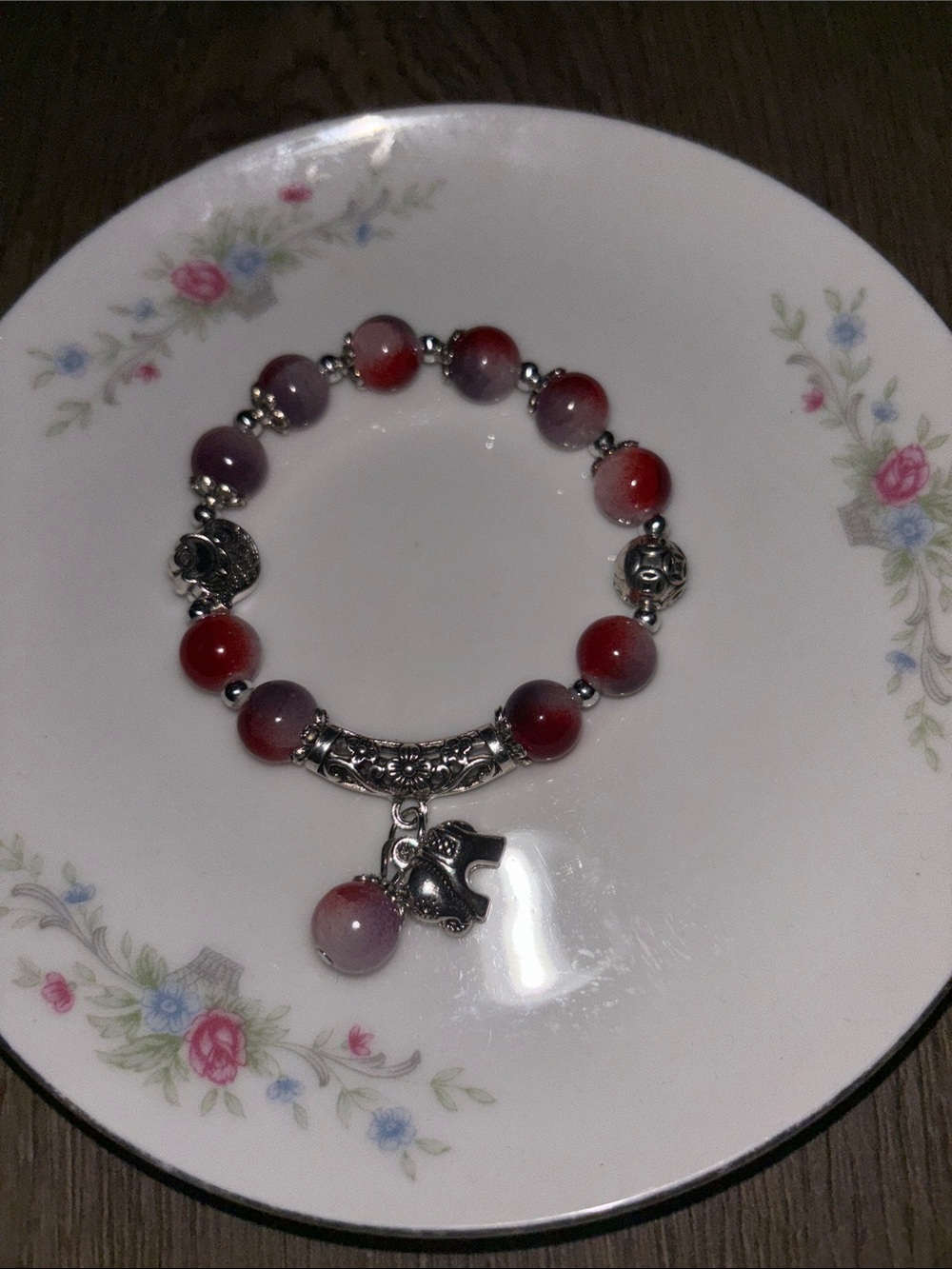 Berry Gradient Glass Bead Bracelet with Elephant Charm
